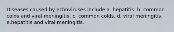 Diseases caused by echoviruses include a. hepatitis. b. common colds and viral meningitis. c. common colds. d. viral meningitis. e.hepatitis and viral meningitis.