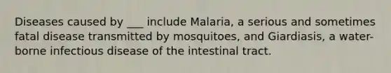 Diseases caused by ___ include Malaria, a serious and sometimes fatal disease transmitted by mosquitoes, and Giardiasis, a water-borne infectious disease of the intestinal tract.