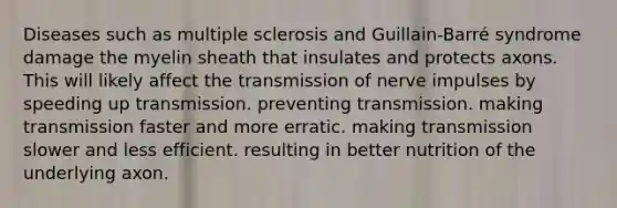 Diseases such as multiple sclerosis and Guillain-Barré syndrome damage the myelin sheath that insulates and protects axons. This will likely affect the transmission of nerve impulses by speeding up transmission. preventing transmission. making transmission faster and more erratic. making transmission slower and less efficient. resulting in better nutrition of the underlying axon.