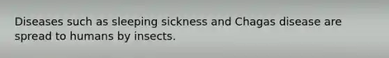 Diseases such as sleeping sickness and Chagas disease are spread to humans by insects.