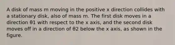 A disk of mass m moving in the positive x direction collides with a stationary disk, also of mass m. The first disk moves in a direction θ1 with respect to the x axis, and the second disk moves off in a direction of θ2 below the x axis, as shown in the figure.