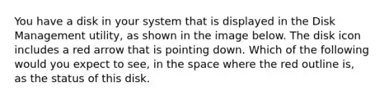 You have a disk in your system that is displayed in the Disk Management utility, as shown in the image below. The disk icon includes a red arrow that is pointing down. Which of the following would you expect to see, in the space where the red outline is, as the status of this disk.