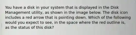 You have a disk in your system that is displayed in the Disk Management utility, as shown in the image below. The disk icon includes a red arrow that is pointing down. Which of the following would you expect to see, in the space where the red outline is, as the status of this disk?