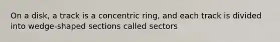 On a disk, a track is a concentric ring, and each track is divided into wedge-shaped sections called sectors