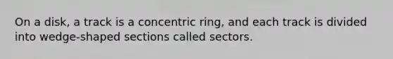 On a disk, a track is a concentric ring, and each track is divided into wedge-shaped sections called sectors.