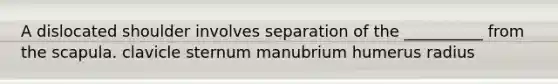 A dislocated shoulder involves separation of the __________ from the scapula. clavicle sternum manubrium humerus radius