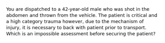 You are dispatched to a 42-year-old male who was shot in the abdomen and thrown from the vehicle. The patient is critical and a high category trauma however, due to the mechanism of injury, it is necessary to back with patient prior to transport. Which is an impossible assessment before securing the patient?