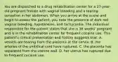 You are dispatched to a drug rehabilitation center for a 27-year-old pregnant female with vaginal bleeding and a tearing sensation in her abdomen. When you arrive at the scene and begin to assess the patient, you note the presence of dark red vaginal bleeding, hypotension, and tachycardia. The individual responsible for the patient states that she is 36 weeks' pregnant and is in the rehabilitation center for frequent cocaine use. This patient's clinical presentation and history suggests that: A. vessels are tearing from the placenta at the cervix. B. the arteries of the umbilical cord have ruptured. C. the placenta has separated from the uterine wall. D. her uterus has ruptured due to frequent cocaine use.