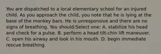 You are dispatched to a local elementary school for an injured child. As you approach the child, you note that he is lying at the base of the monkey bars. He is unresponsive and there are no signs of breathing. You should:Select one: A. stabilize his head and check for a pulse. B. perform a head tilt-chin lift maneuver. C. open his airway and look in his mouth. D. begin immediate rescue breathing.