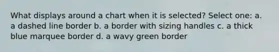 What displays around a chart when it is selected? Select one: a. a dashed line border b. a border with sizing handles c. a thick blue marquee border d. a wavy green border