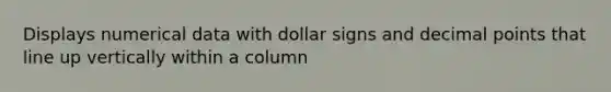 Displays numerical data with dollar signs and decimal points that line up vertically within a column