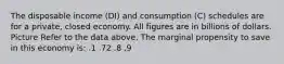 The disposable income (DI) and consumption (C) schedules are for a private, closed economy. All figures are in billions of dollars. Picture Refer to the data above. The marginal propensity to save in this economy is: .1 .72 .8 .9