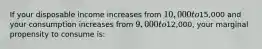 If your disposable income increases from 10,000 to15,000 and your consumption increases from 9,000 to12,000, your marginal propensity to consume is: