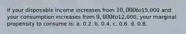 If your disposable income increases from 10,000 to15,000 and your consumption increases from 9,000 to12,000, your marginal propensity to consume is: a. 0.2. b. 0.4. c. 0.6. d. 0.8.