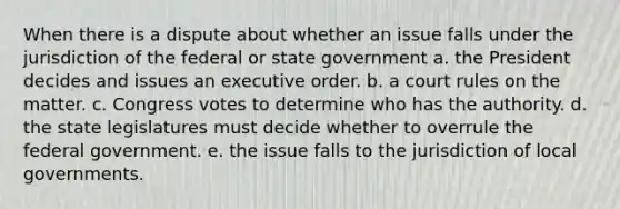 When there is a dispute about whether an issue falls under the jurisdiction of the federal or state government a. the President decides and issues an executive order. b. a court rules on the matter. c. Congress votes to determine who has the authority. d. the state legislatures must decide whether to overrule the federal government. e. the issue falls to the jurisdiction of local governments.