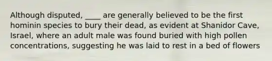 Although disputed, ____ are generally believed to be the first hominin species to bury their dead, as evident at Shanidor Cave, Israel, where an adult male was found buried with high pollen concentrations, suggesting he was laid to rest in a bed of flowers