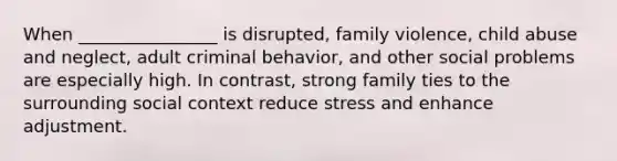 When ________________ is disrupted, family violence, child abuse and neglect, adult criminal behavior, and other social problems are especially high. In contrast, strong family ties to the surrounding social context reduce stress and enhance adjustment.