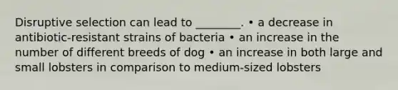 Disruptive selection can lead to ________. • a decrease in antibiotic-resistant strains of bacteria • an increase in the number of different breeds of dog • an increase in both large and small lobsters in comparison to medium-sized lobsters