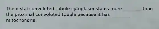 The distal convoluted tubule cytoplasm stains more ________ than the proximal convoluted tubule because it has ________ mitochondria.