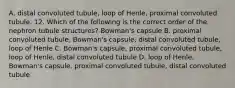 A. distal convoluted tubule, loop of Henle, proximal convoluted tubule. 12. Which of the following is the correct order of the nephron tubule structures? Bowman's capsule B. proximal convoluted tubule, Bowman's capsule, distal convoluted tubule, loop of Henle C. Bowman's capsule, proximal convoluted tubule, loop of Henle, distal convoluted tubule D. loop of Henle, Bowman's capsule, proximal convoluted tubule, distal convoluted tubule