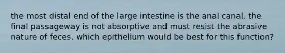 the most distal end of the large intestine is the anal canal. the final passageway is not absorptive and must resist the abrasive nature of feces. which epithelium would be best for this function?