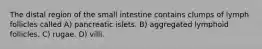 The distal region of the small intestine contains clumps of lymph follicles called A) pancreatic islets. B) aggregated lymphoid follicles. C) rugae. D) villi.