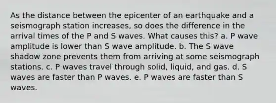 As the distance between the epicenter of an earthquake and a seismograph station increases, so does the difference in the arrival times of the P and S waves. What causes this? a. P wave amplitude is lower than S wave amplitude. b. The S wave shadow zone prevents them from arriving at some seismograph stations. c. P waves travel through solid, liquid, and gas. d. S waves are faster than P waves. e. P waves are faster than S waves.