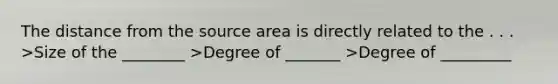 The distance from the source area is directly related to the . . . >Size of the ________ >Degree of _______ >Degree of _________