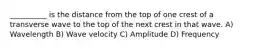 __________ is the distance from the top of one crest of a transverse wave to the top of the next crest in that wave. A) Wavelength B) Wave velocity C) Amplitude D) Frequency