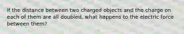 If the distance between two charged objects and the charge on each of them are all doubled, what happens to the electric force between them?