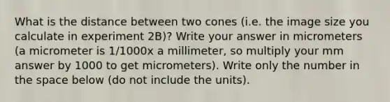 What is the distance between two cones (i.e. the image size you calculate in experiment 2B)? Write your answer in micrometers (a micrometer is 1/1000x a millimeter, so multiply your mm answer by 1000 to get micrometers). Write only the number in the space below (do not include the units).