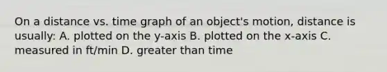 On a distance vs. time graph of an object's motion, distance is usually: A. plotted on the y-axis B. plotted on the x-axis C. measured in ft/min D. greater than time