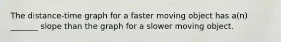 The distance-time graph for a faster moving object has a(n) _______ slope than the graph for a slower moving object.