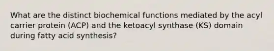 What are the distinct biochemical functions mediated by the acyl carrier protein (ACP) and the ketoacyl synthase (KS) domain during fatty acid synthesis?