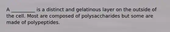 A __________ is a distinct and gelatinous layer on the outside of the cell. Most are composed of polysaccharides but some are made of polypeptides.