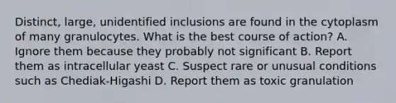 Distinct, large, unidentified inclusions are found in the cytoplasm of many granulocytes. What is the best course of action? A. Ignore them because they probably not significant B. Report them as intracellular yeast C. Suspect rare or unusual conditions such as Chediak-Higashi D. Report them as toxic granulation