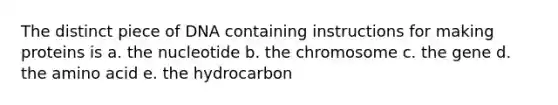 The distinct piece of DNA containing instructions for making proteins is a. the nucleotide b. the chromosome c. the gene d. the amino acid e. the hydrocarbon