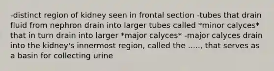 -distinct region of kidney seen in frontal section -tubes that drain fluid from nephron drain into larger tubes called *minor calyces* that in turn drain into larger *major calyces* -major calyces drain into the kidney's innermost region, called the ....., that serves as a basin for collecting urine