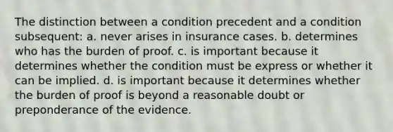 The distinction between a condition precedent and a condition subsequent: a. never arises in insurance cases. b. determines who has the burden of proof. c. is important because it determines whether the condition must be express or whether it can be implied. d. is important because it determines whether the burden of proof is beyond a reasonable doubt or preponderance of the evidence.