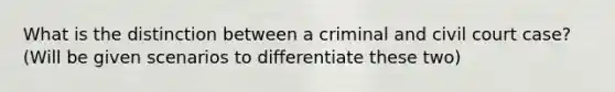 What is the distinction between a criminal and civil court case? (Will be given scenarios to differentiate these two)