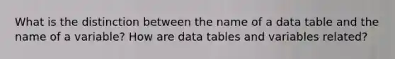 What is the distinction between the name of a data table and the name of a variable? How are data tables and variables related?