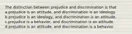 The distinction between prejudice and discrimination is that a.prejudice is an attitude, and discrimination is an ideology. b.prejudice is an ideology, and discrimination is an attitude. c.prejudice is a behavior, and discrimination is an attitude. d.prejudice is an attitude, and discrimination is a behavior