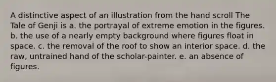 A distinctive aspect of an illustration from the hand scroll The Tale of Genji is a. the portrayal of extreme emotion in the figures. b. the use of a nearly empty background where figures float in space. c. the removal of the roof to show an interior space. d. the raw, untrained hand of the scholar-painter. e. an absence of figures.