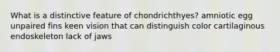 What is a distinctive feature of chondrichthyes? amniotic egg unpaired fins keen vision that can distinguish color cartilaginous endoskeleton lack of jaws