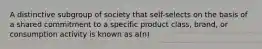 A distinctive subgroup of society that self-selects on the basis of a shared commitment to a specific product class, brand, or consumption activity is known as a(n)