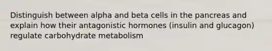 Distinguish between alpha and beta cells in the pancreas and explain how their antagonistic hormones (insulin and glucagon) regulate carbohydrate metabolism