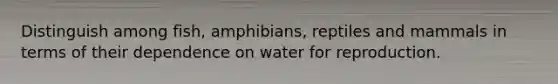 Distinguish among fish, amphibians, reptiles and mammals in terms of their dependence on water for reproduction.