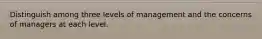 Distinguish among three levels of management and the concerns of managers at each level.