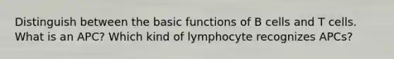 Distinguish between the basic functions of B cells and T cells. What is an APC? Which kind of lymphocyte recognizes APCs?