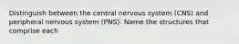 Distinguish between the central nervous system (CNS) and peripheral nervous system (PNS). Name the structures that comprise each